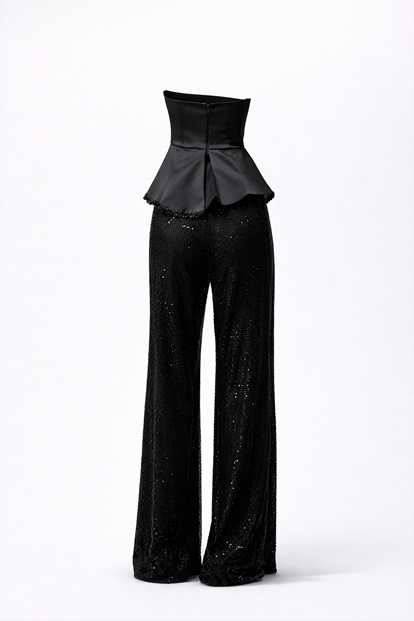 Siyah Straplez Boncuk Detay Abiye Tulum